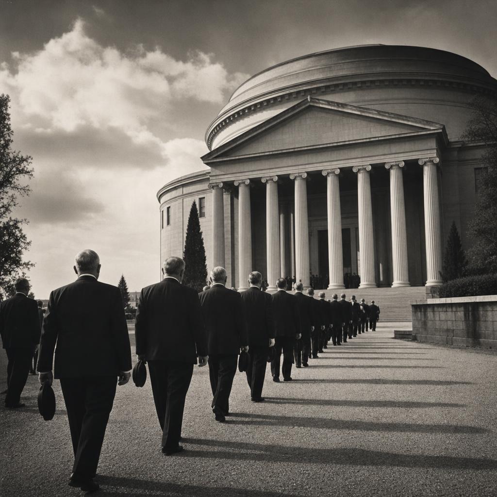 Suited figures walking toward a monumental test arena