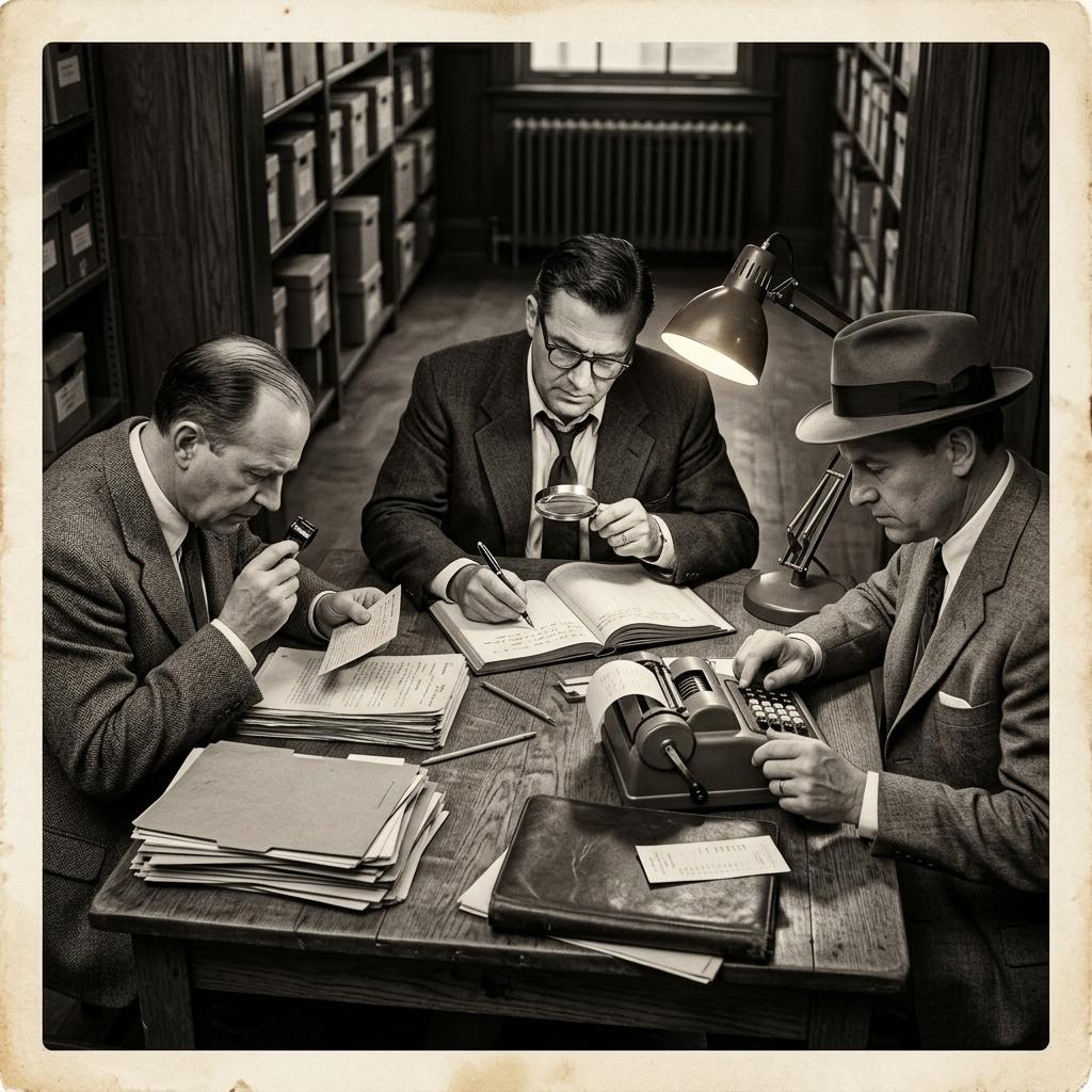 Inspectors examining documents and a calculator