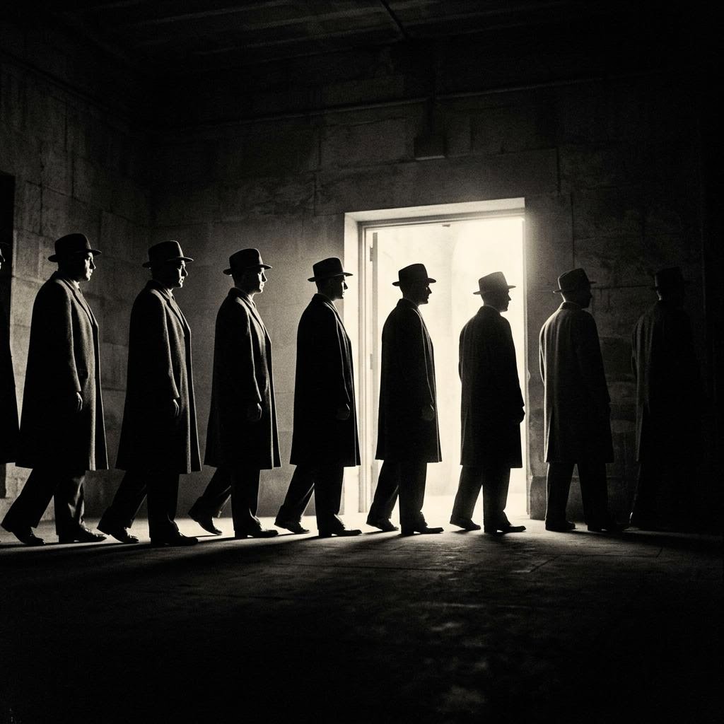 Silhouetted contestants entering